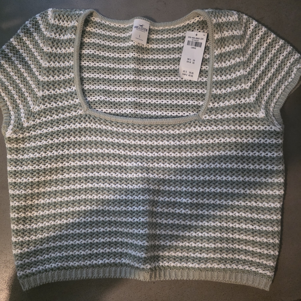 Hollister Green and White Striped Sweater